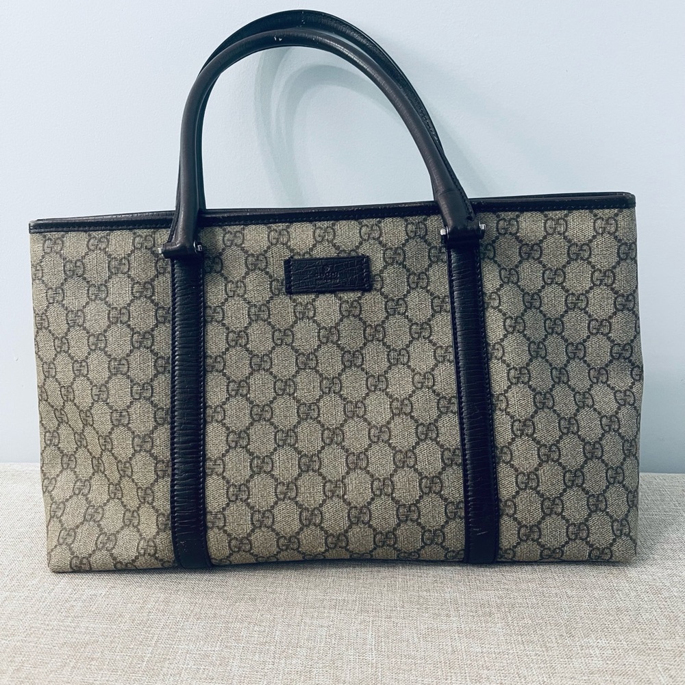 Gucci GG Plus GG Tote Bag Beige Dark Brown PVC Leather